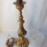 Antique gilded bronze lamp with engraved tulip medallion, 47 cm, interior decoration.