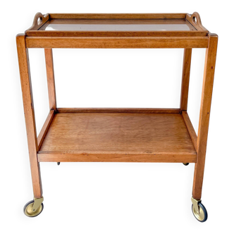 Vintage wooden serving trolley with wheels and removable tray