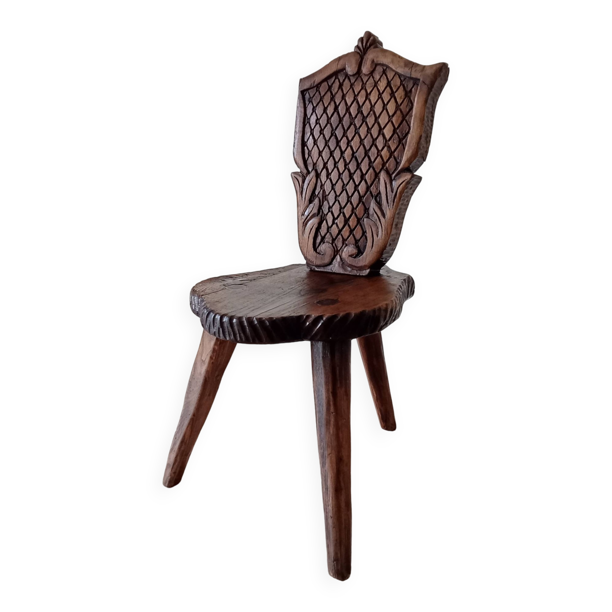 Brutalist tripod chair in carved wood 19th century