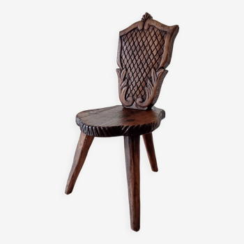 Brutalist tripod chair in carved wood 19th century