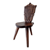 Brutalist tripod chair in carved wood 19th century