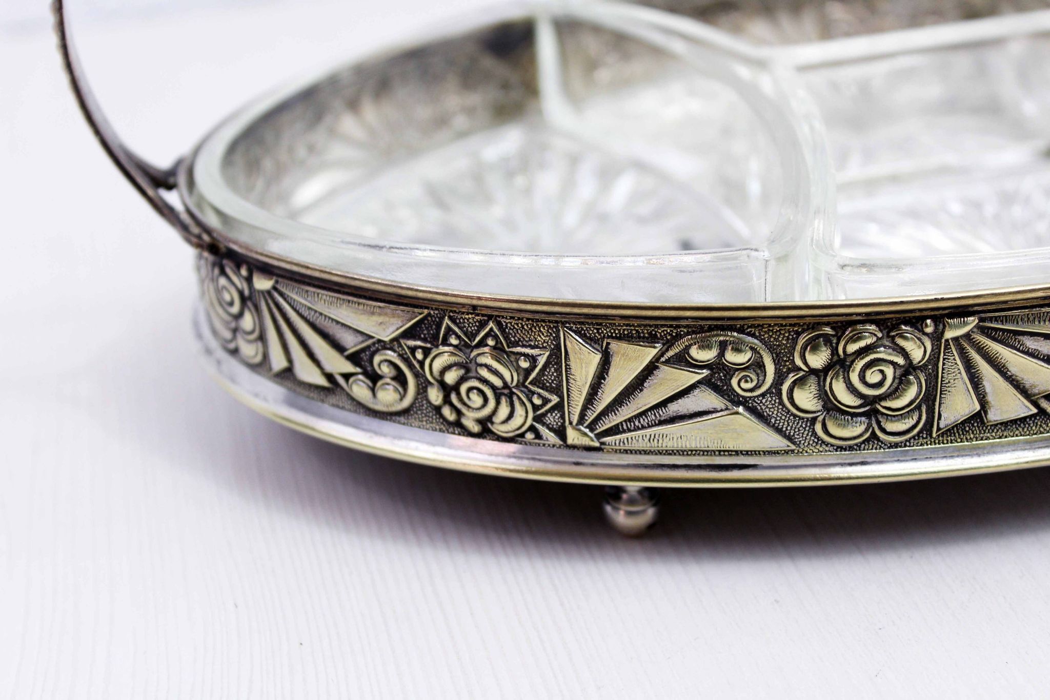 Art Deco silver metal tray with 4 ramekins