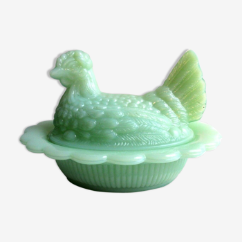 Boite barbotine bonbonnière poule sur nid opaline vert-jade: vallérysthal