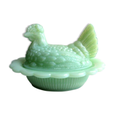 Boite barbotine bonbonnière poule sur nid opaline vert-jade: vallérysthal