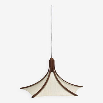 Teak and linen umbrella counter balance pendant by Domus, 1970s