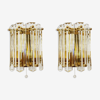 Set of 2 Mid Century Modern gilded ice glass wall lamps by J.T. Kalmar