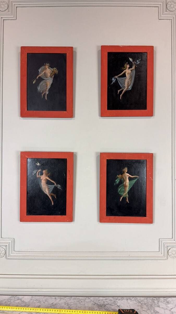 Sequence of 4 female allegories, oil on cardboard, after Tommaso Piroli (1752-1824)