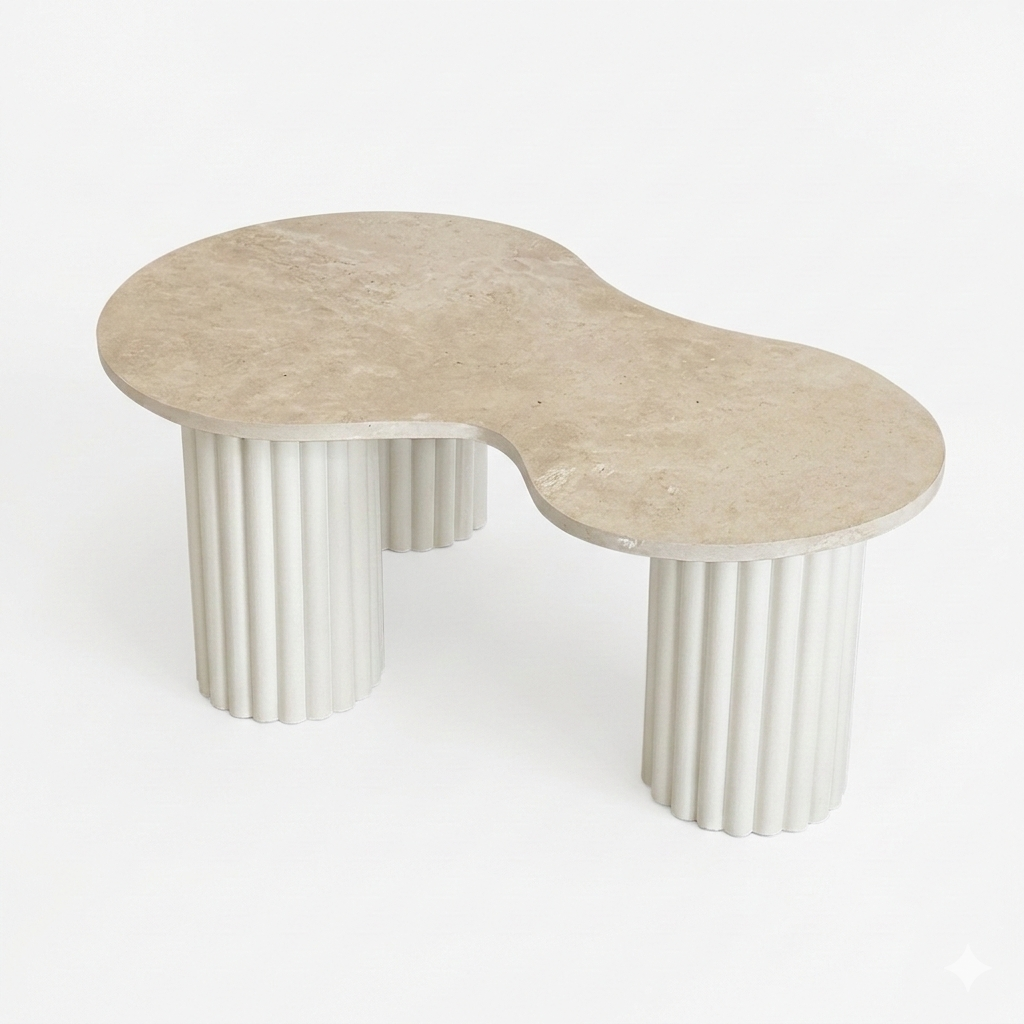 "Pear" coffee table in travertine and fluted wood | white oak | 3 legs