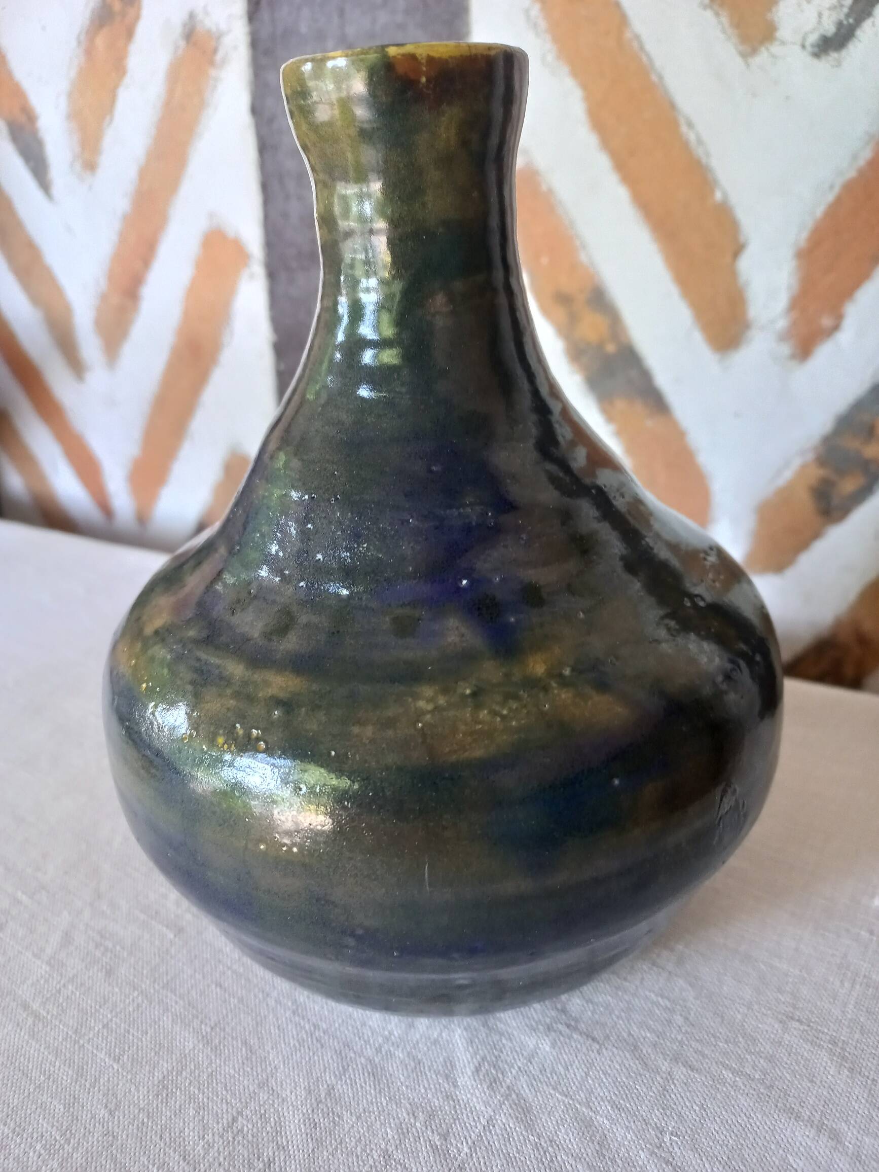 Glazed ceramic vase with blue reflections 1970