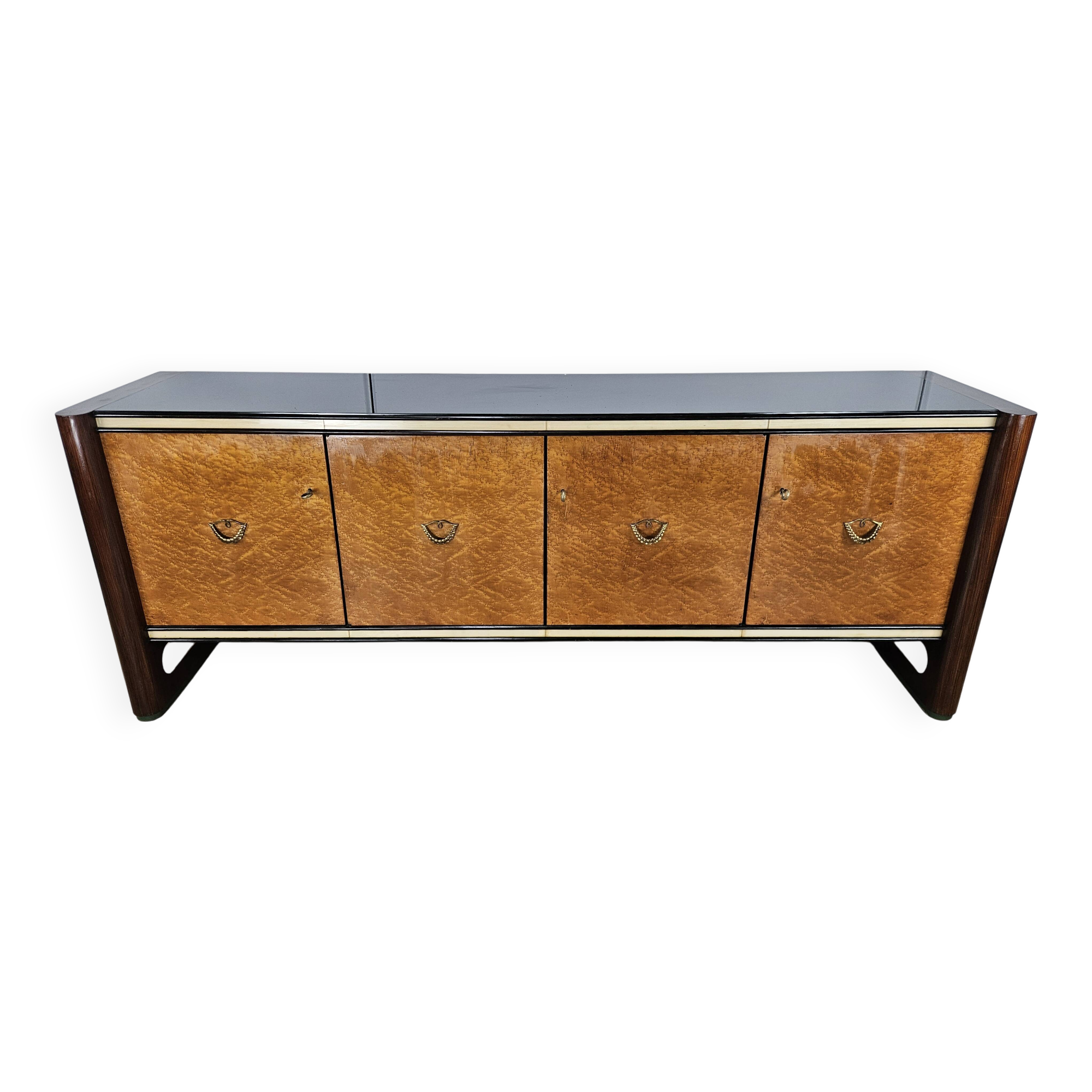 Art Decò Sideboard in Mahogany and Maple with Black Glass and Brass Finishi
