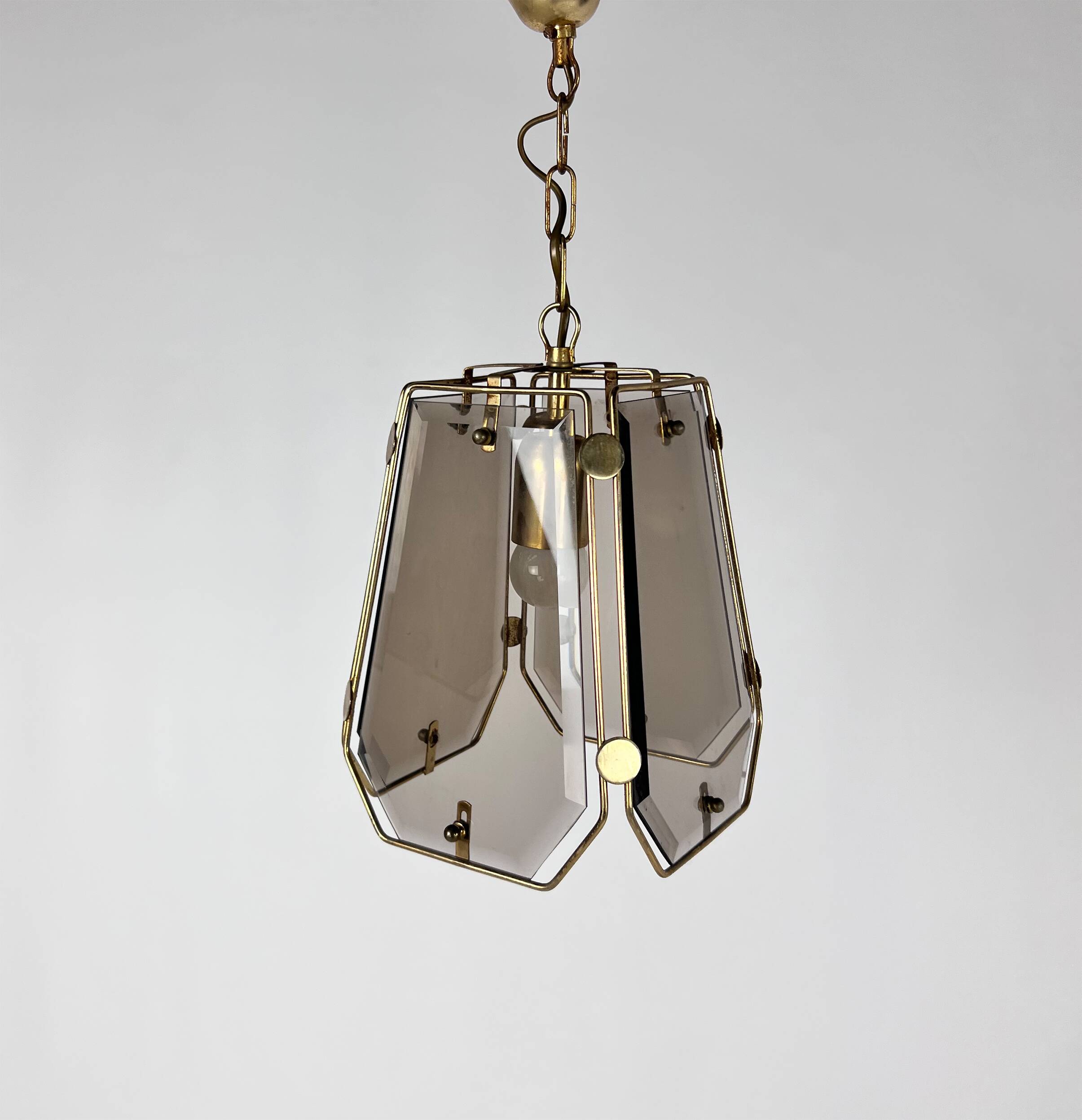 French Brass and Smoked Glass Hal Pendant, 1970s