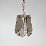Suspension Hal en laiton français et verre fumé, années 1970