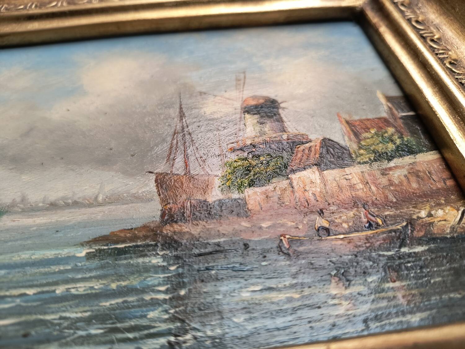 Oil on canvas, Dutch harbour landscape - Very ornate wooden frame