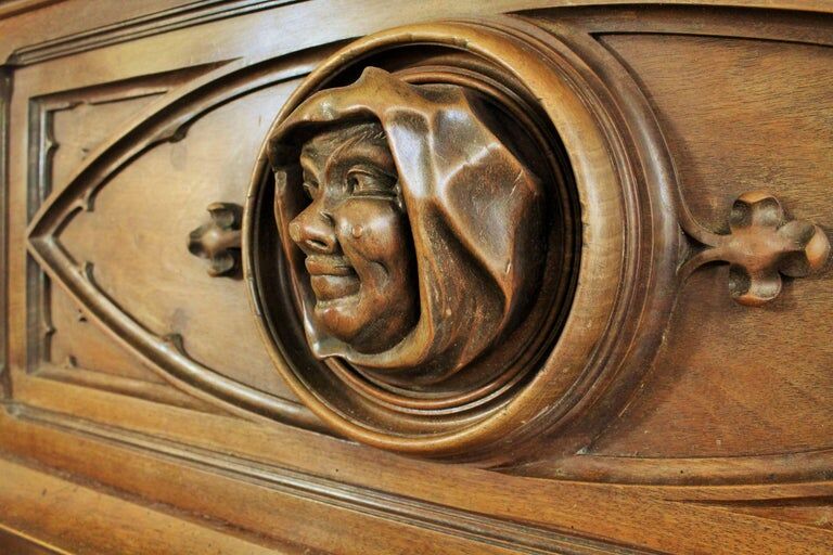 Gothic fireplace, wood, salamander motif, witch and hermitage