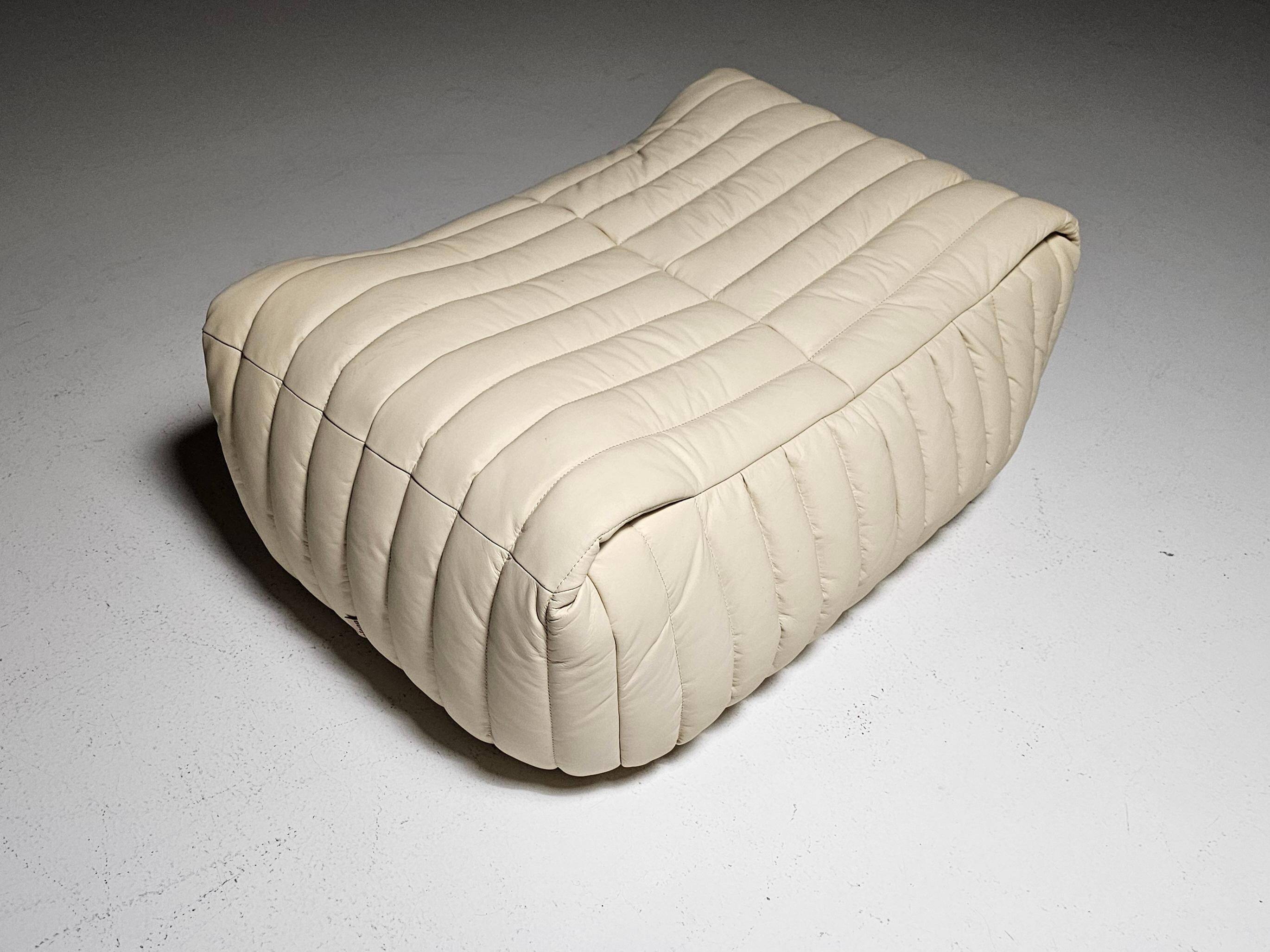 Cream leather ottoman/pouf by Annie Hieronimus for Cinna, 1970.