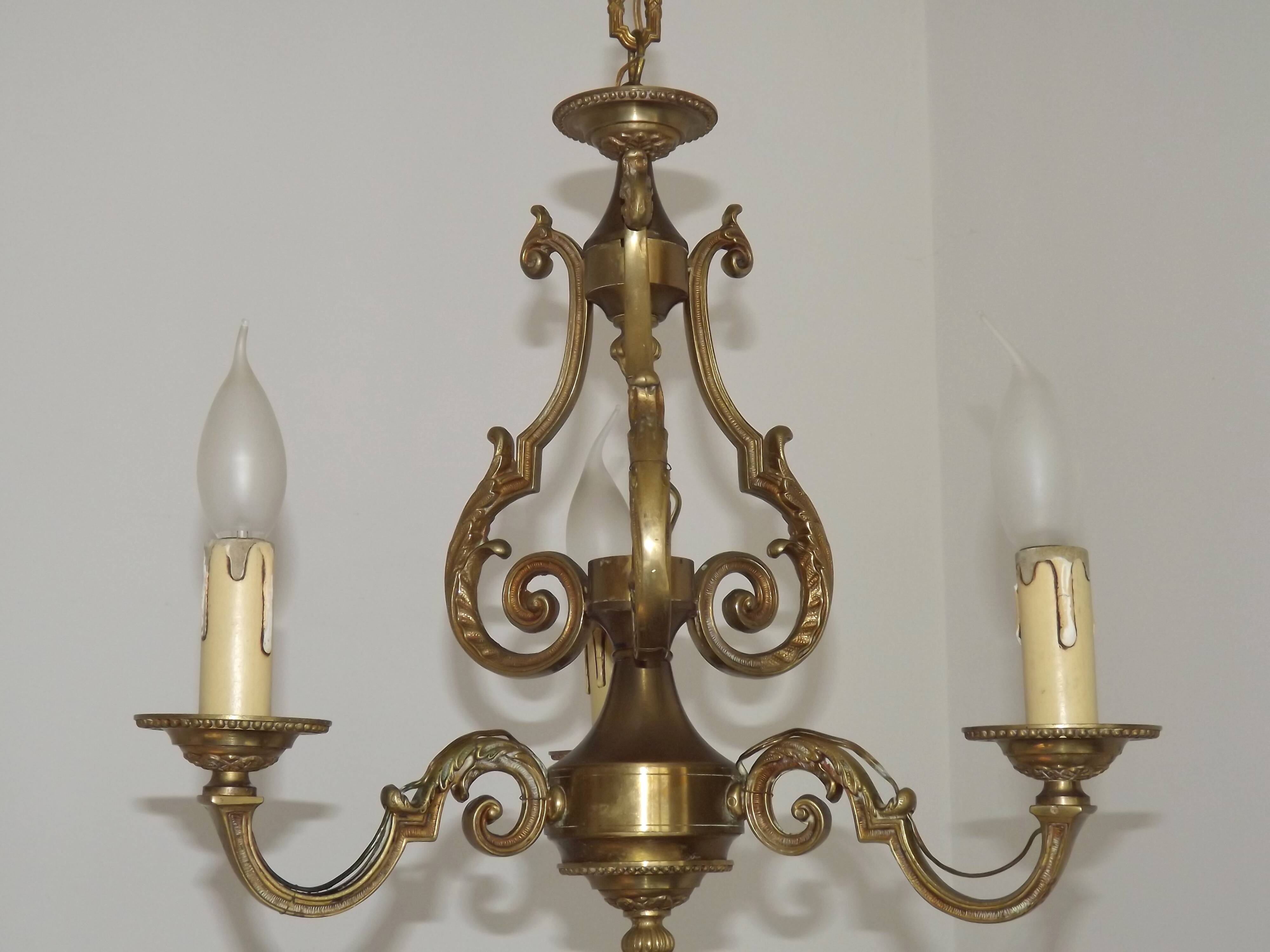 French Vintage Bronze Art Nouveau Style 3-Light 3-Sided Cage Chandelier
