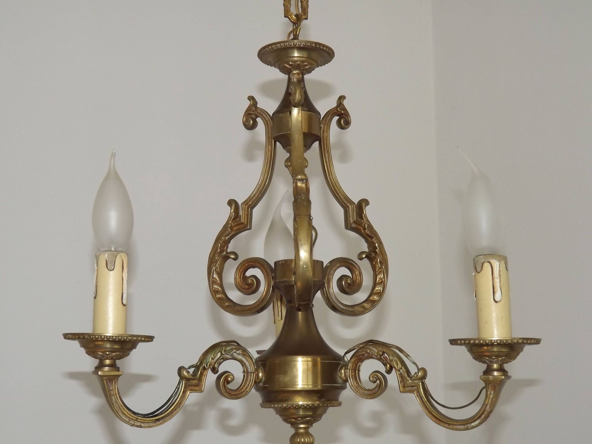 French Vintage Bronze Art Nouveau Style 3-Light 3-Sided Cage Chandelier