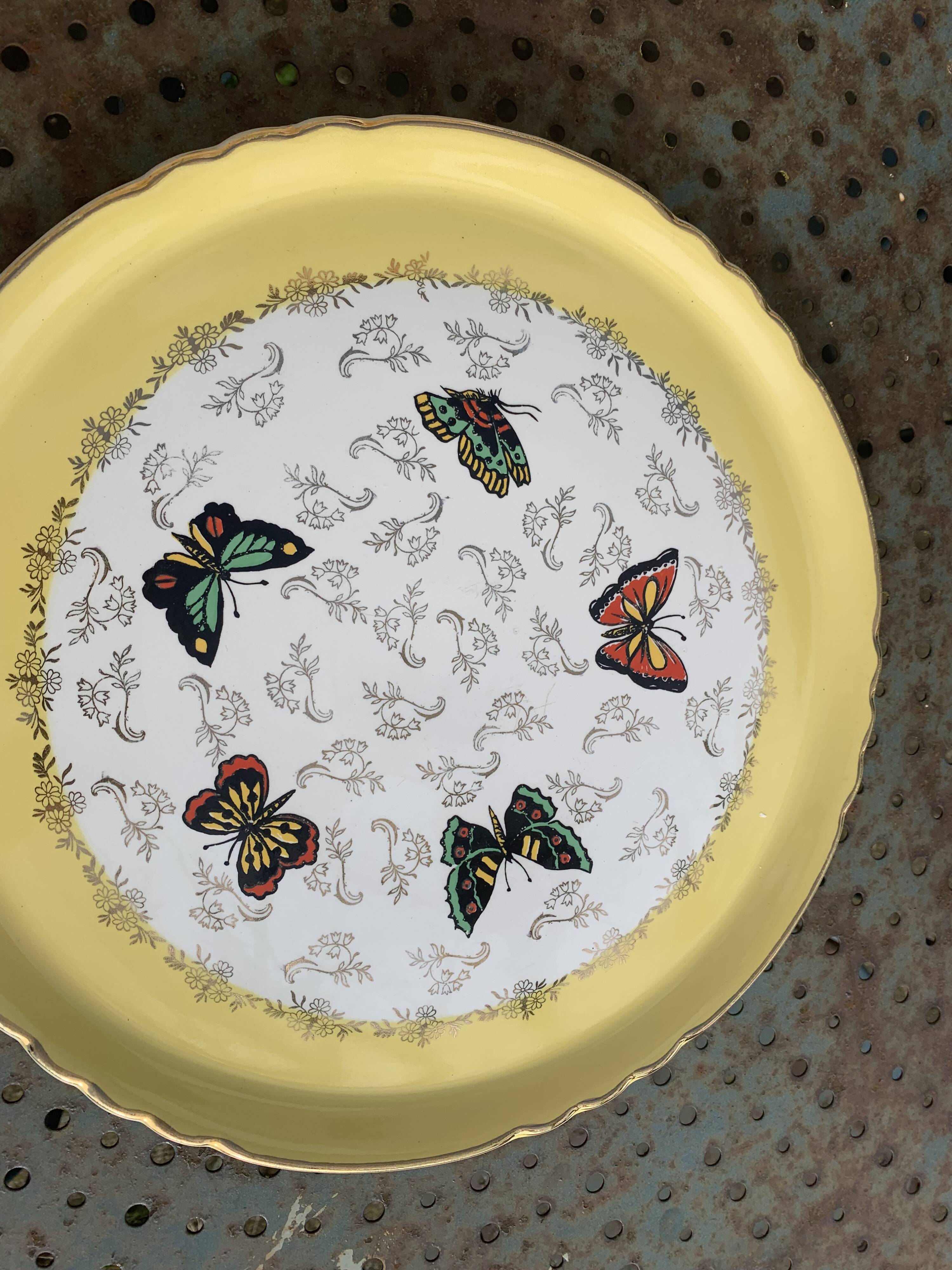 Cake dish, earthenware, yellow with multi-colored butterflies, Moulin des loups, Northern Orchies
