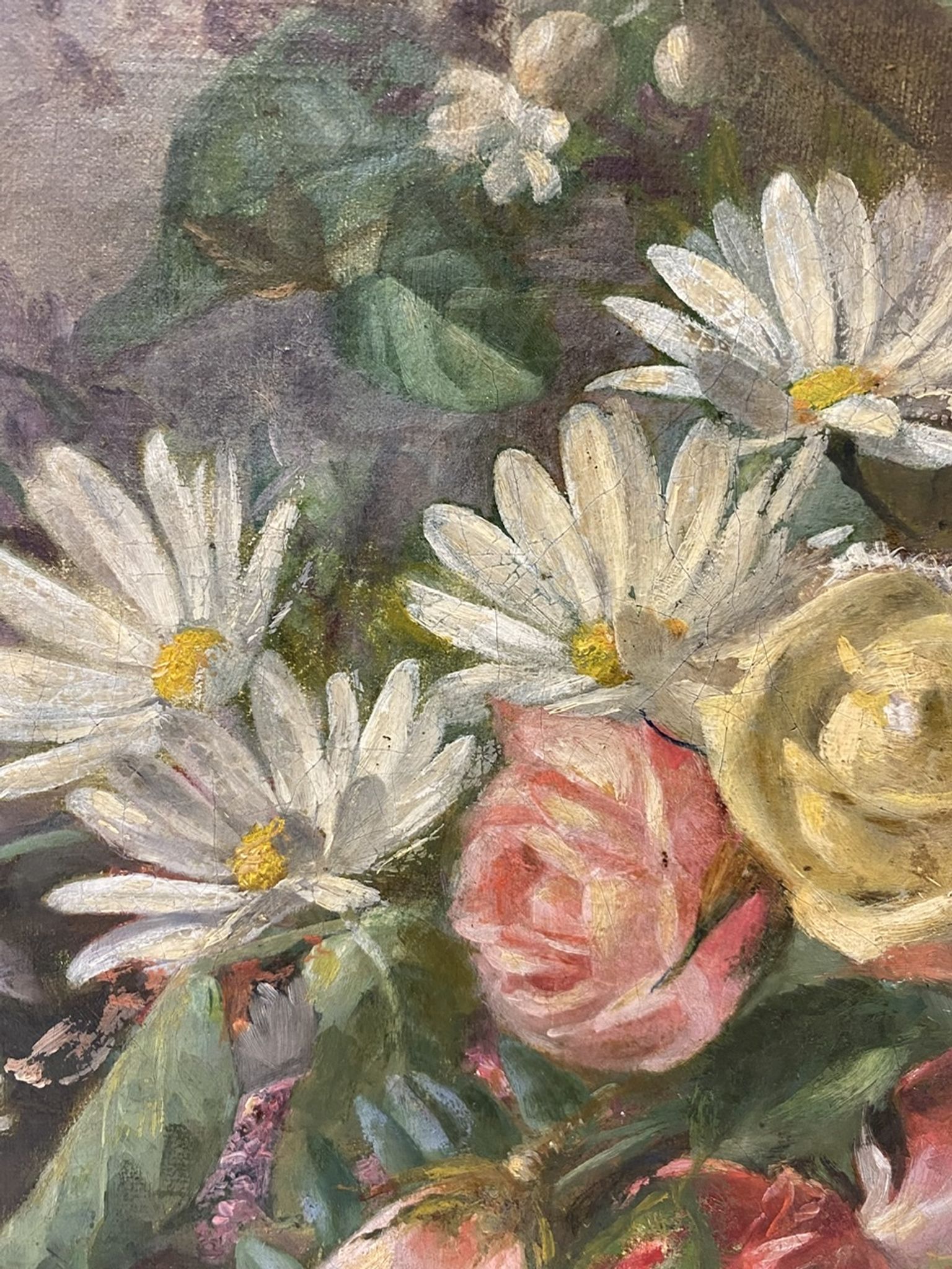 Old painting, still life with daisy roses and wild flowers, signed, early XX century