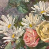 Tableau ancien, nature morte aux roses pâquerettes et fleurs sauvages, signé, début XX siècle