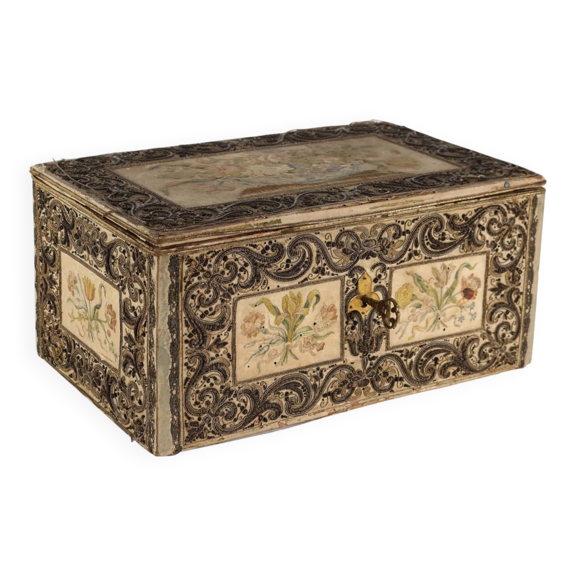 Antique wooden box with fabric and beads, Europe 19th Century