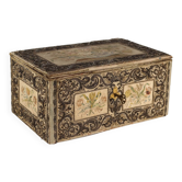Antique wooden box with fabric and beads, Europe 19th Century
