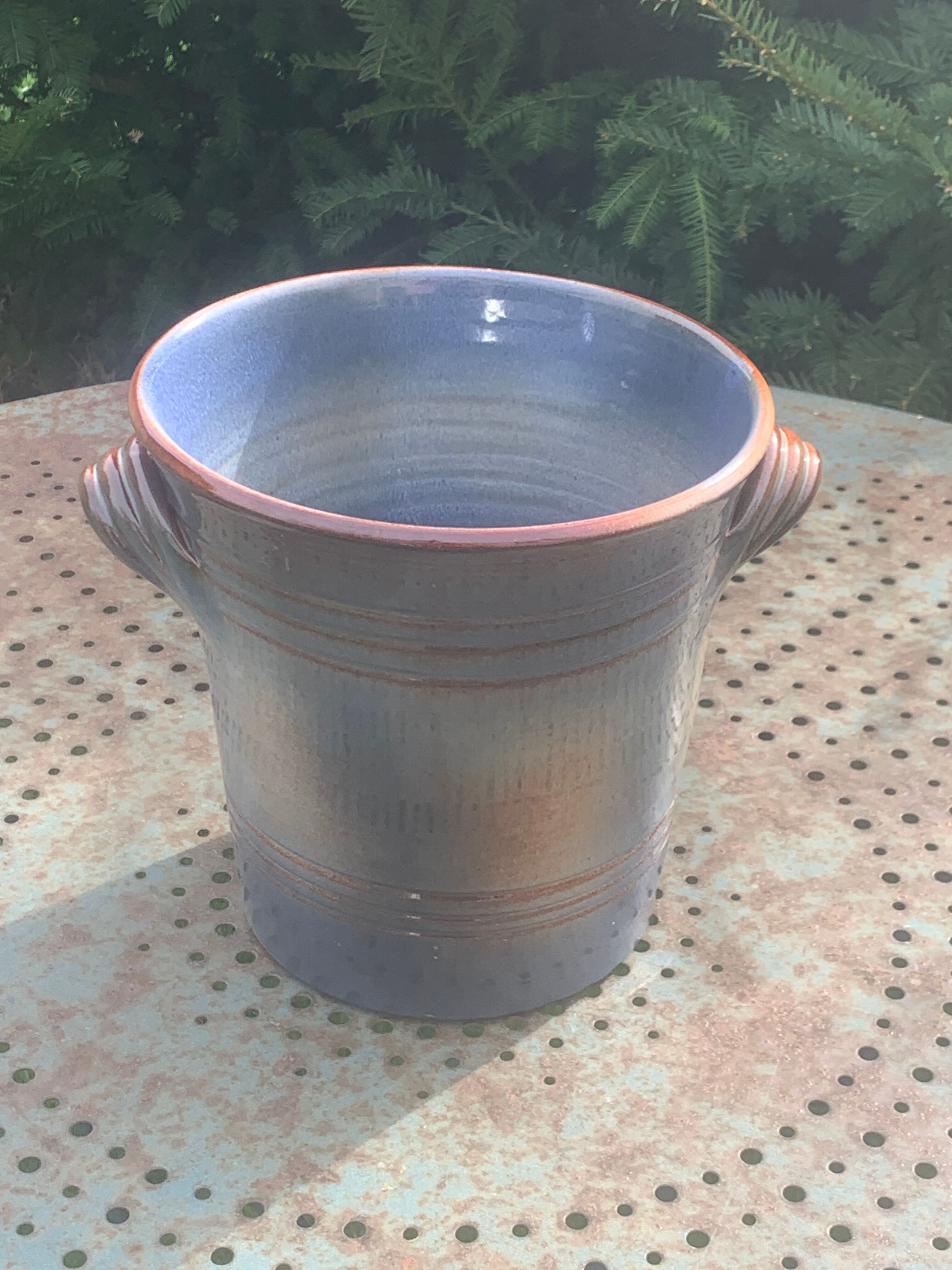Champagne bucket in blue and beige glazed ceramic, vintage handmade