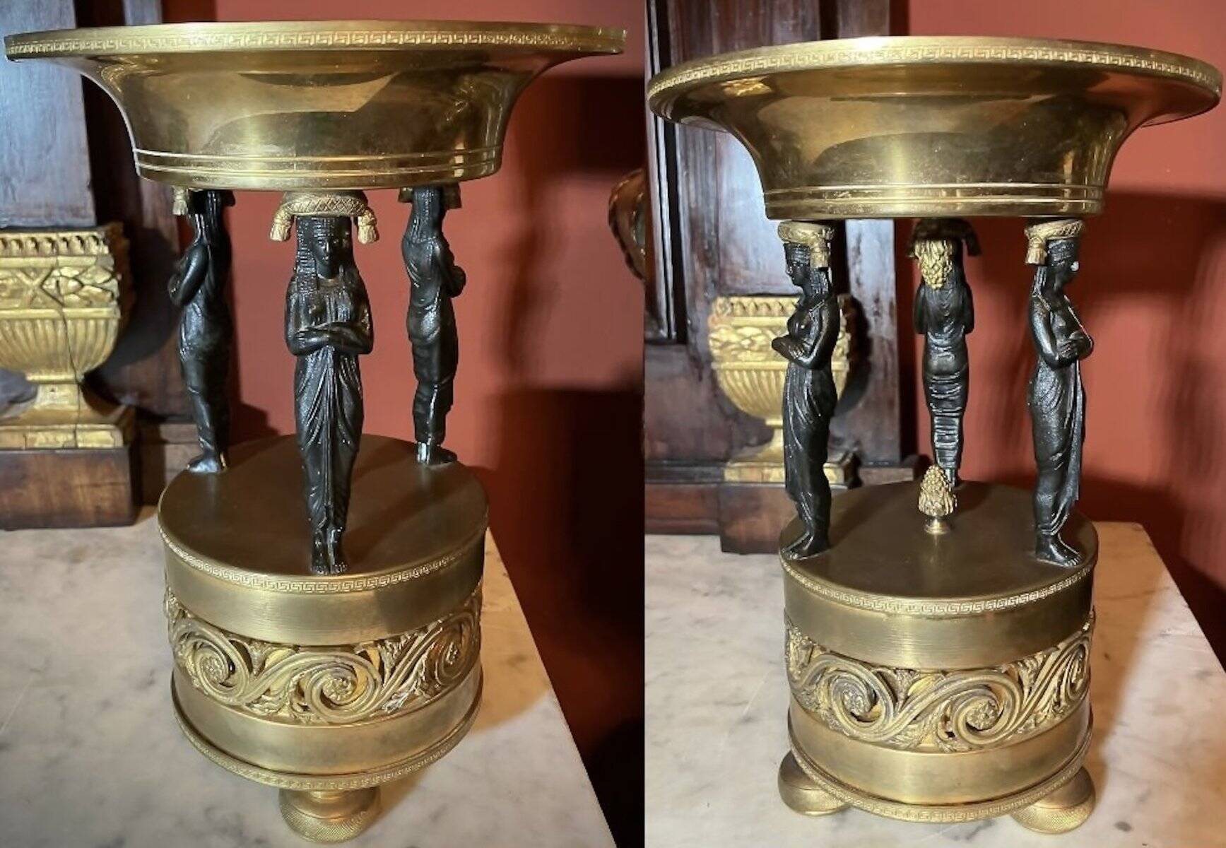 Italian Empire Bronze and Brass Tazzas with Sphinxes, 1800s, Set of 2