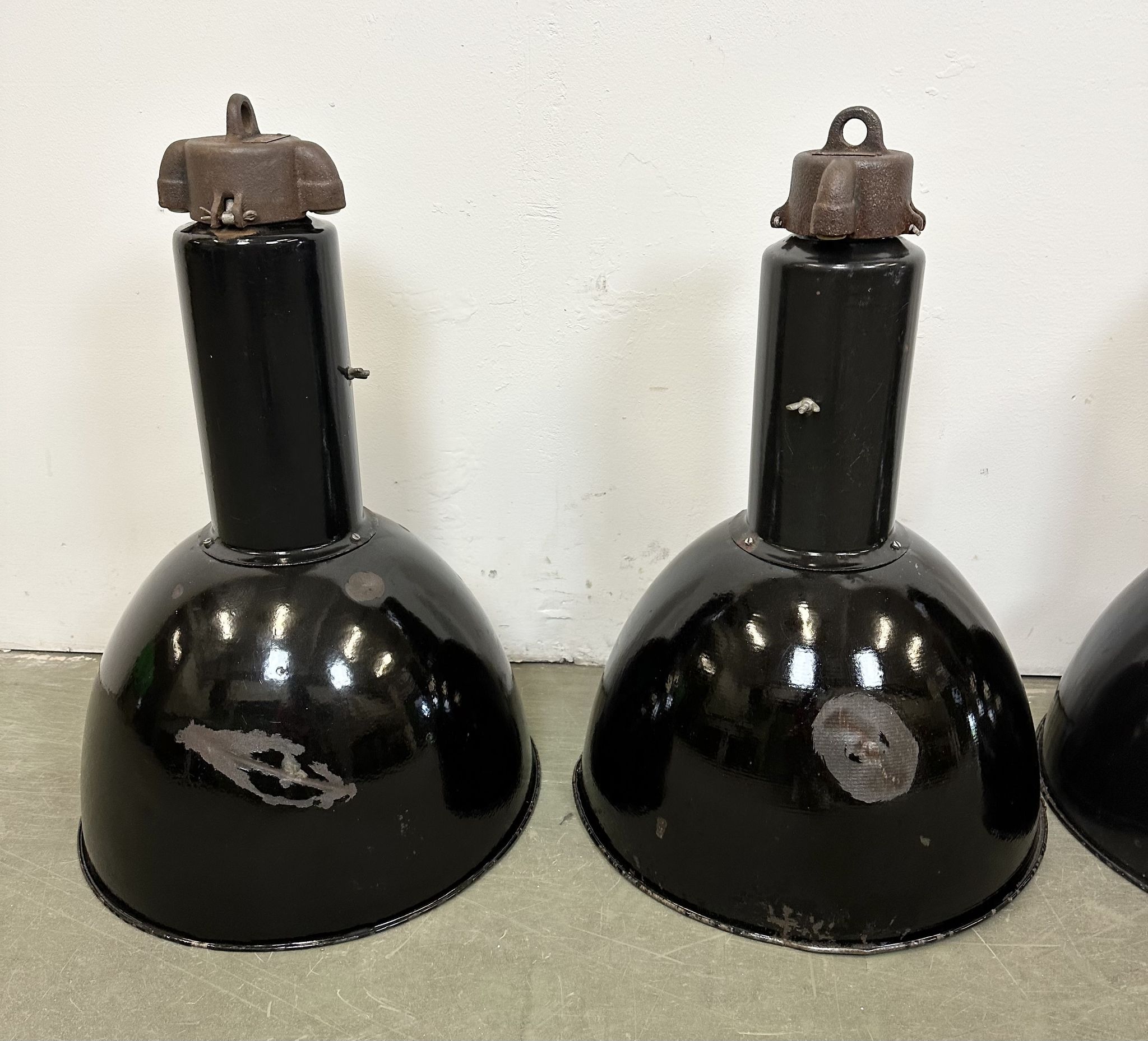 Set of 4 Industrial Bauhaus Black Enamel Pendant Lamps, 1960s