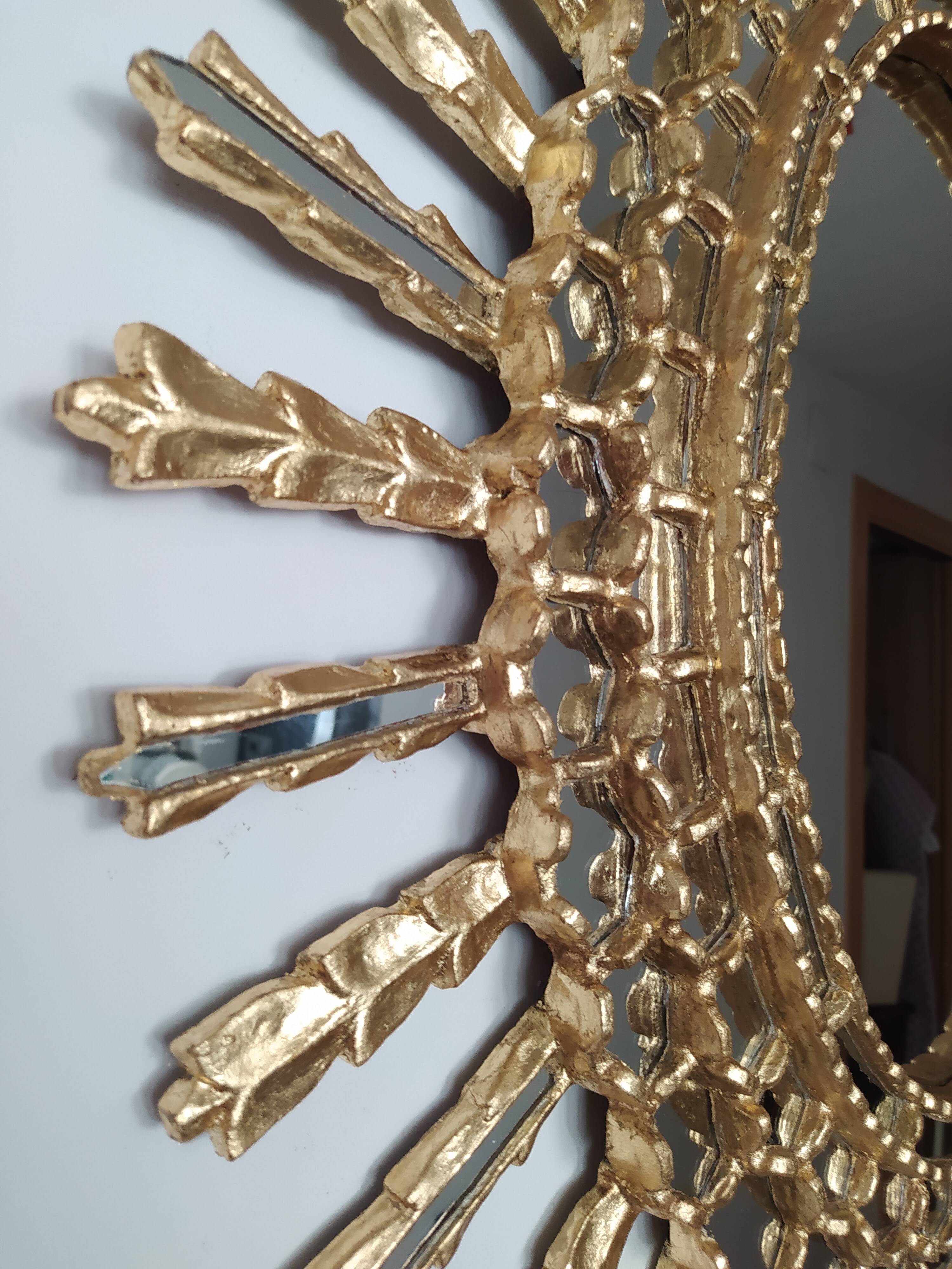 Golden wooden sun mirror 65x75cm