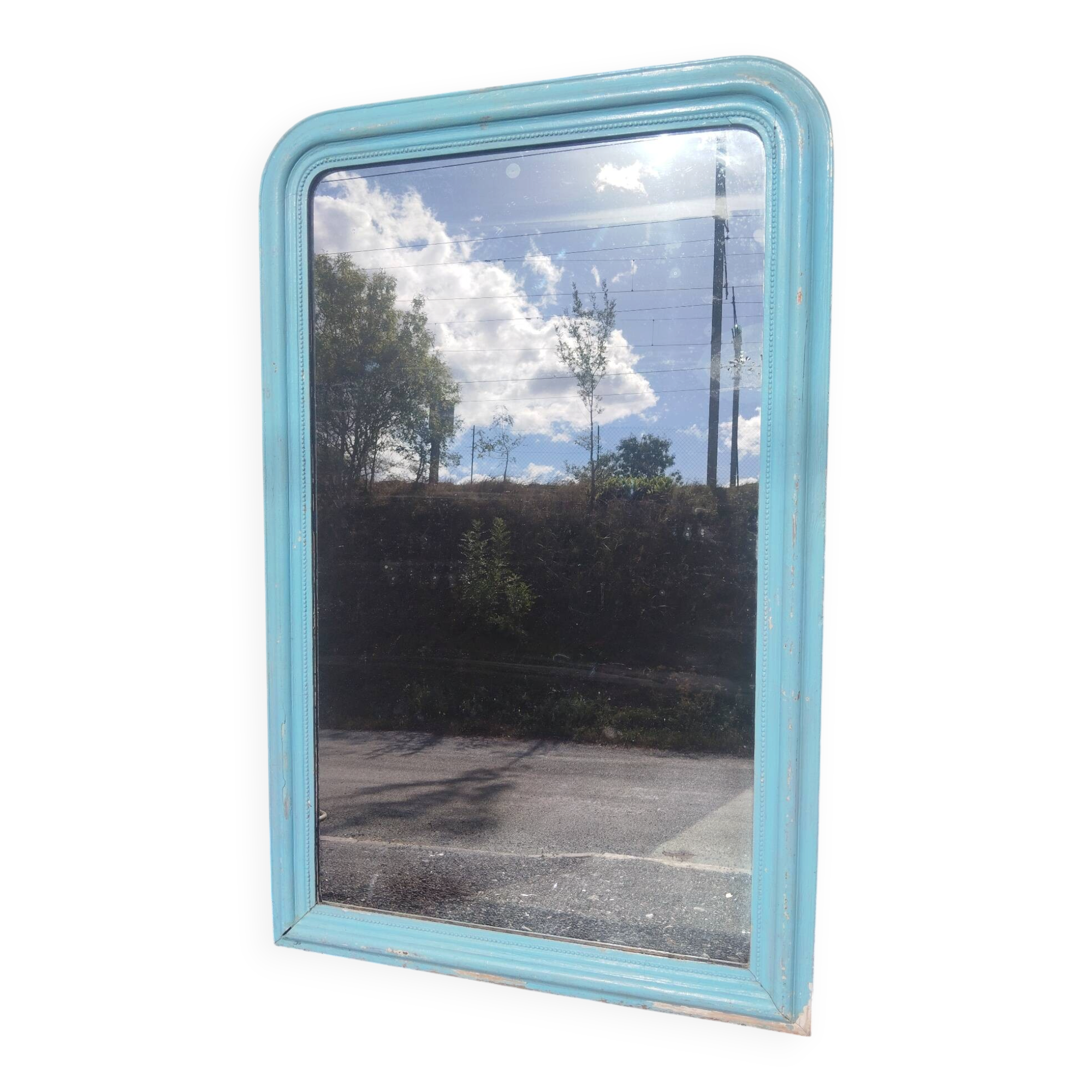 Large Louis-Philippe mirror from the 19th century in wood and stucco with a turquoise blue patina.