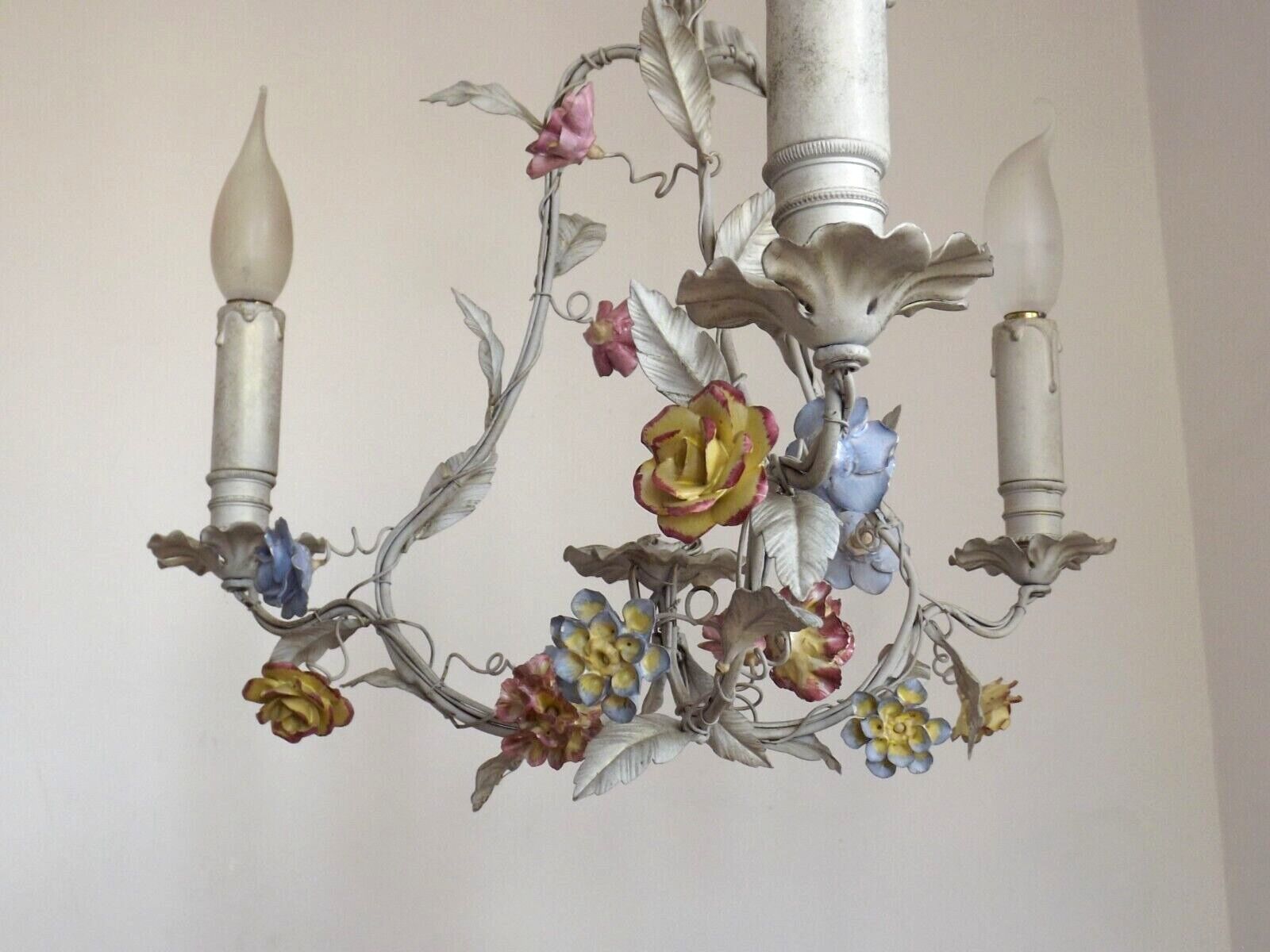 Italian tole ware 3 light cage chandelier with porcelain flowers
