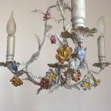 Italian tole ware 3 light cage chandelier with porcelain flowers