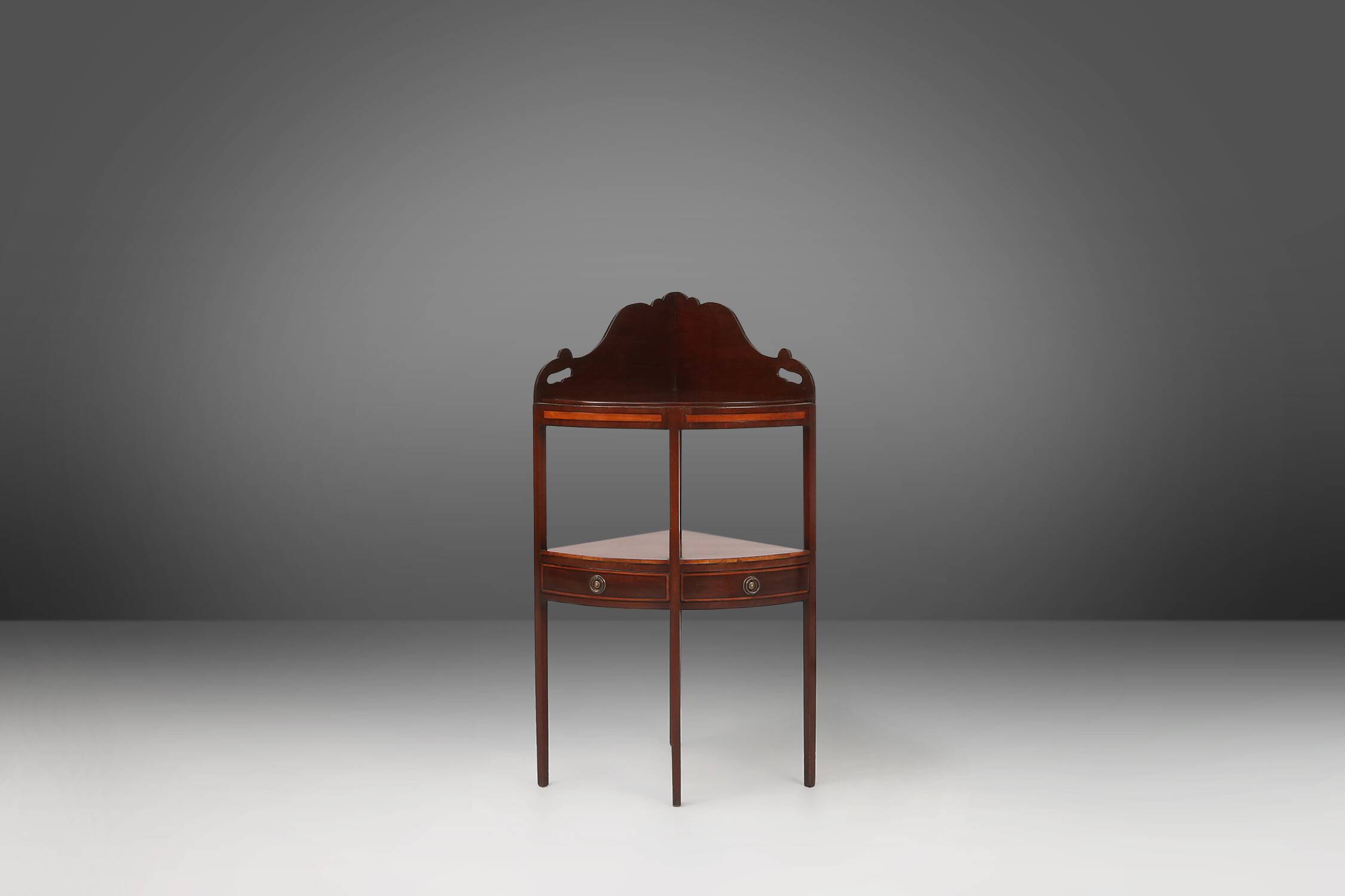 Elegant antique corner cabinet with wood inlay and 2 drawers, France ca. 1850