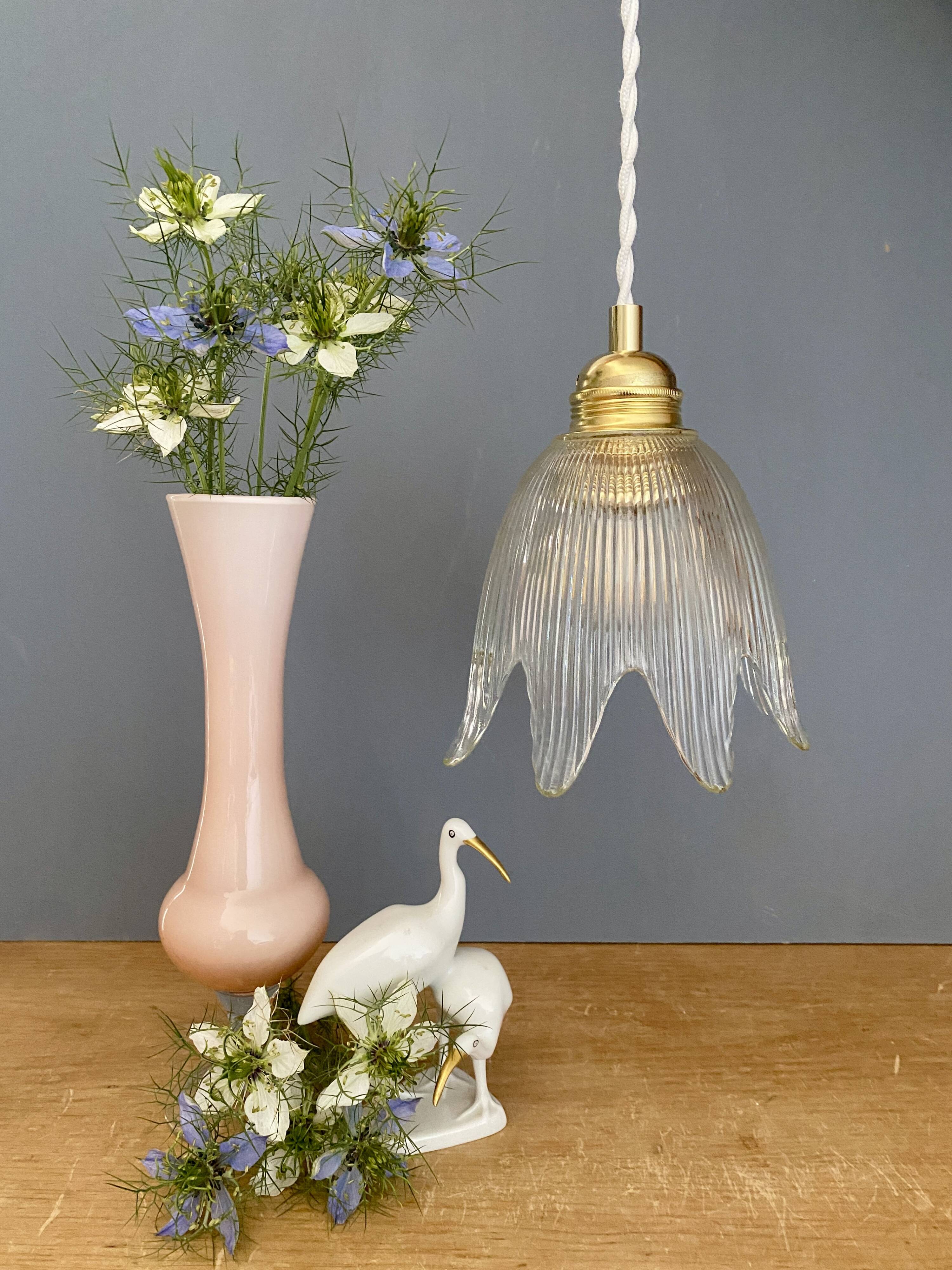 Vintage tulip flower pendant light in ribbed glass