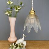 Vintage tulip flower pendant light in ribbed glass