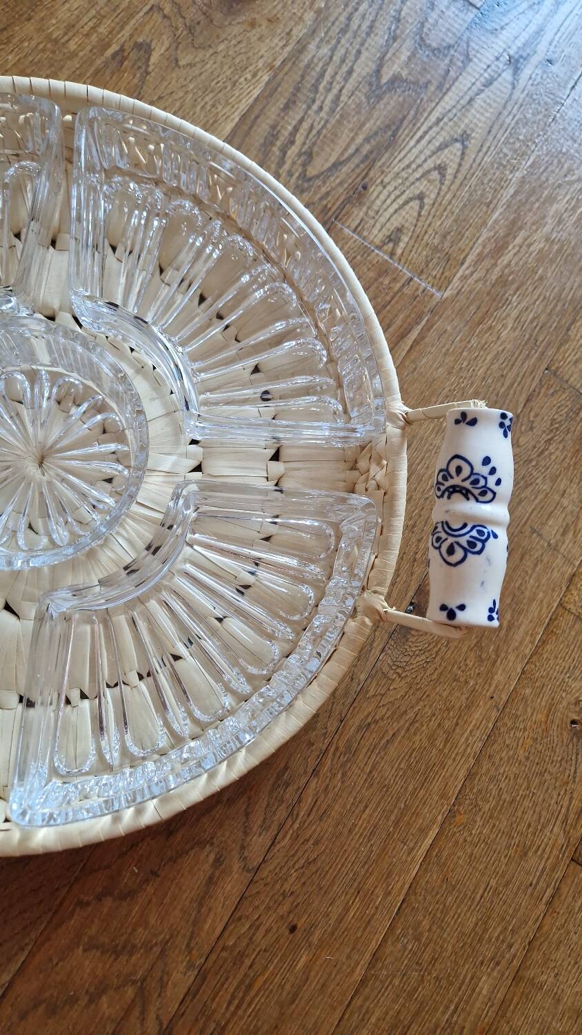 Old rattan raffia porcelain tray appetizer server ramekins vintage crystal dish