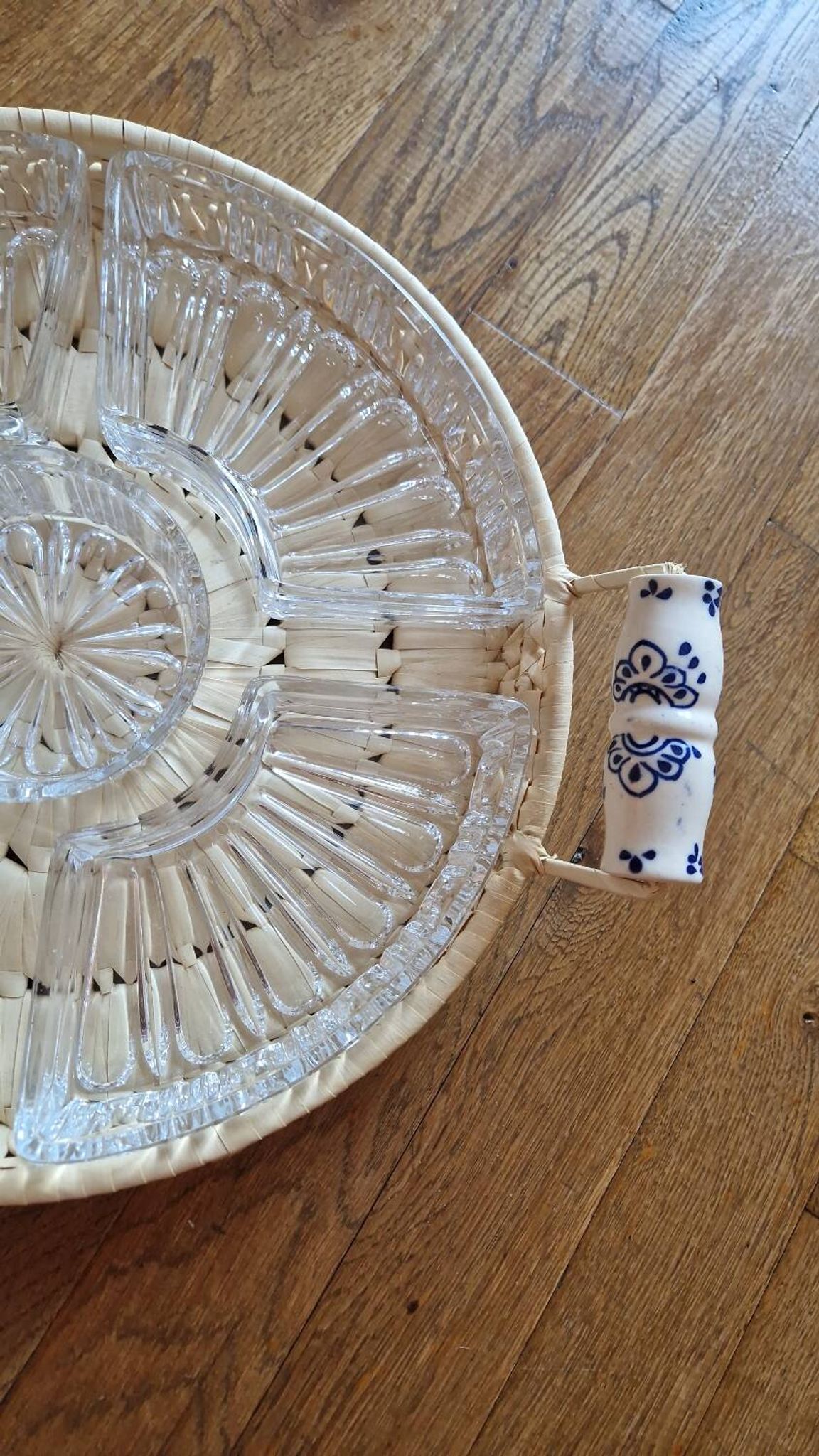 Old rattan raffia porcelain tray appetizer server ramekins vintage crystal dish