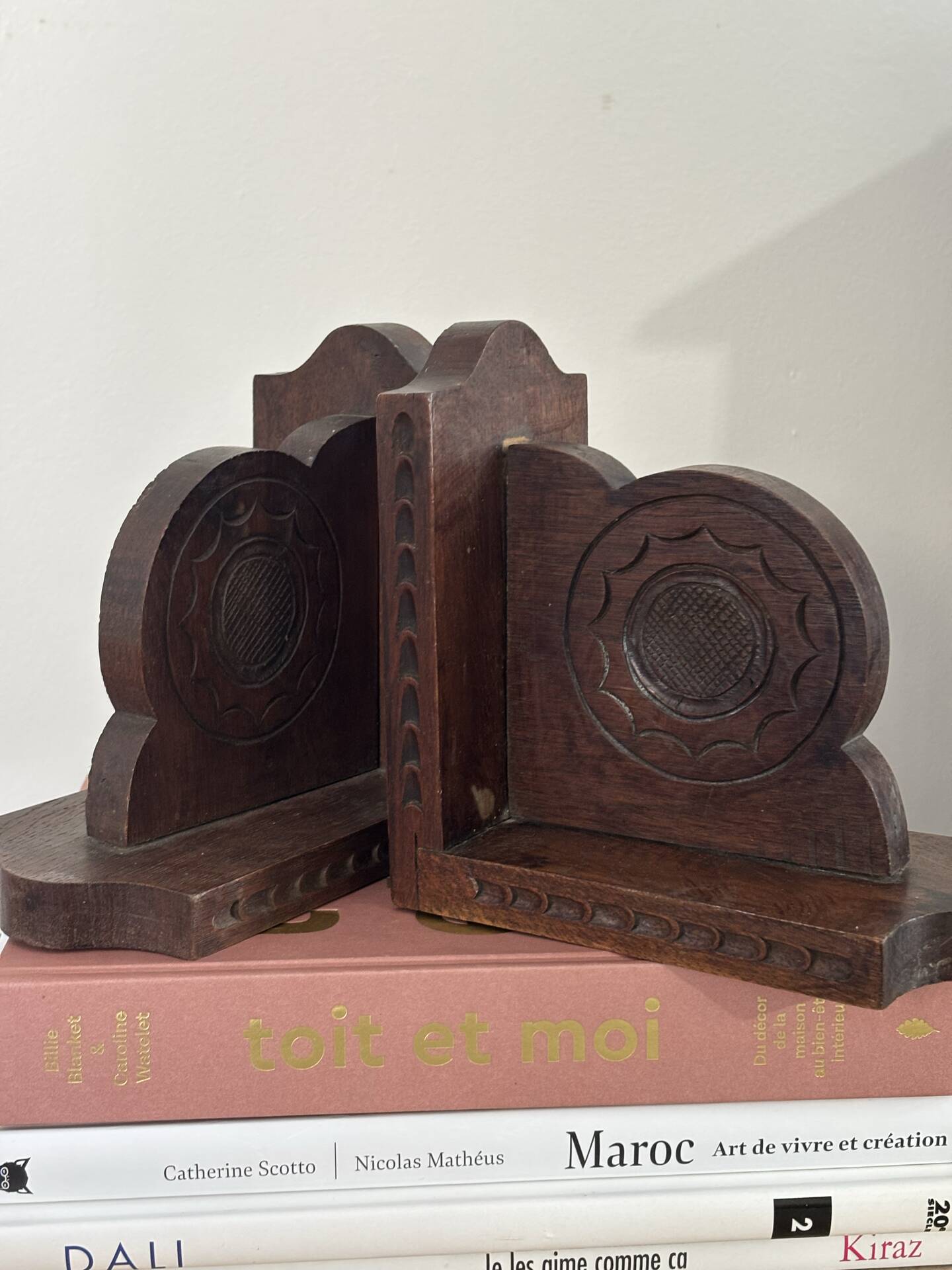 Brutalist carved wooden bookends