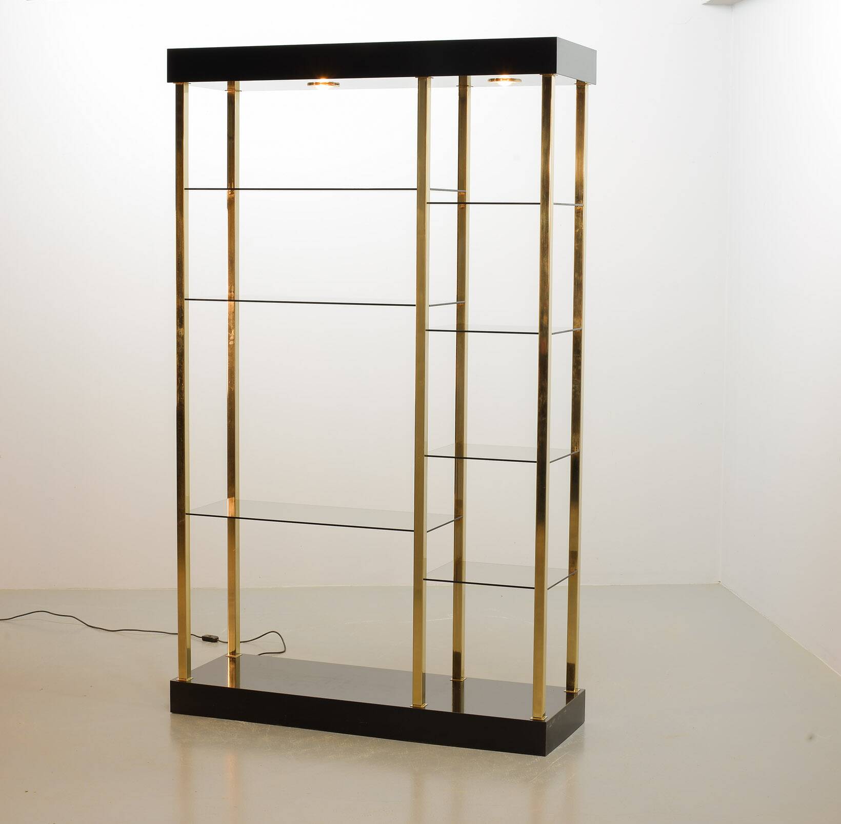 Black Belgo Chrom Hollywood Regency 20 Carat Gold Plated Shelving Unit 70s