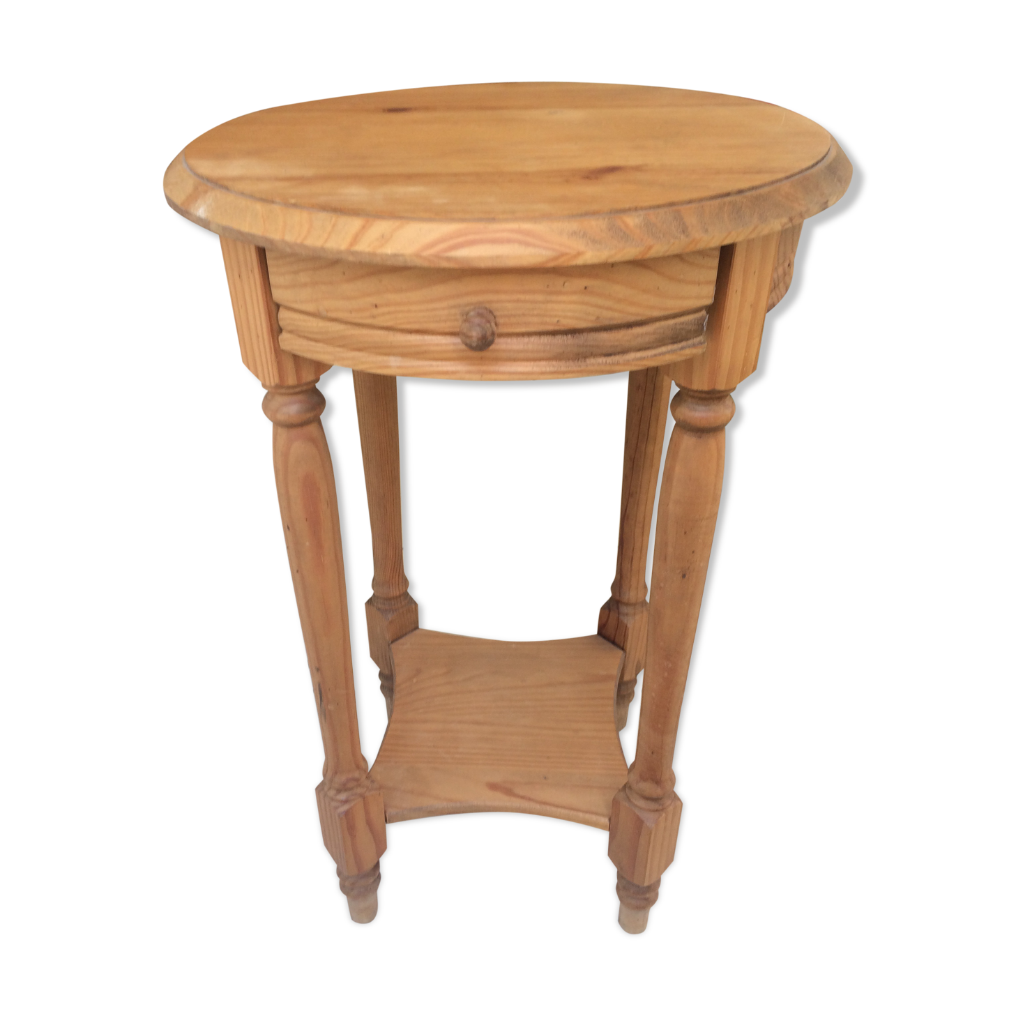 Round guèridon with drawer in light pine, 60s