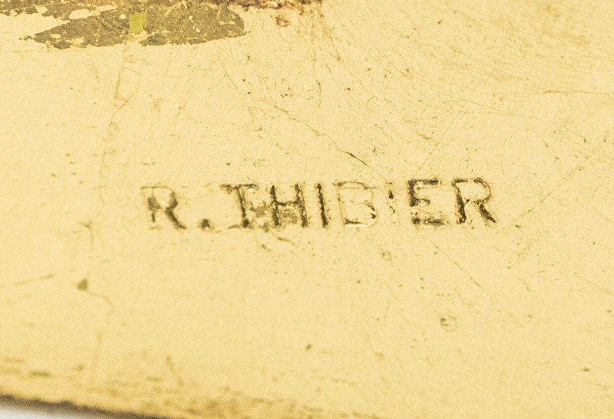 Golden iron and glass pedestal table by Roger Thibier 1960