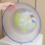 XL Vintage Murano Glass Bowl with Blue Rim and Multicolor Dots – Mouth-Blown Italian Glass, 1980s Pop Art