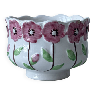 Cache pot en barbotine fleurs roses