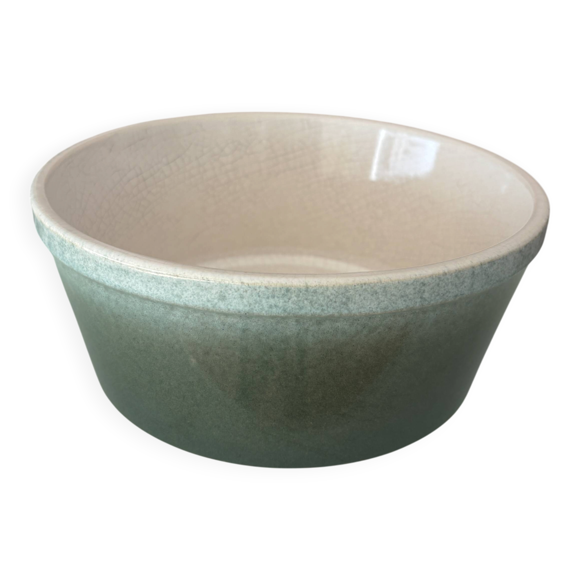 Vintage Scandinavian Stoneware Serving Bowl – Moss Green & Ivory – Mid Cent