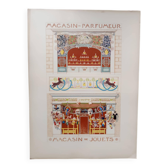 Illustration Art nouveau sur le thème magasin parfumeur et de jouets par René Binet 1902