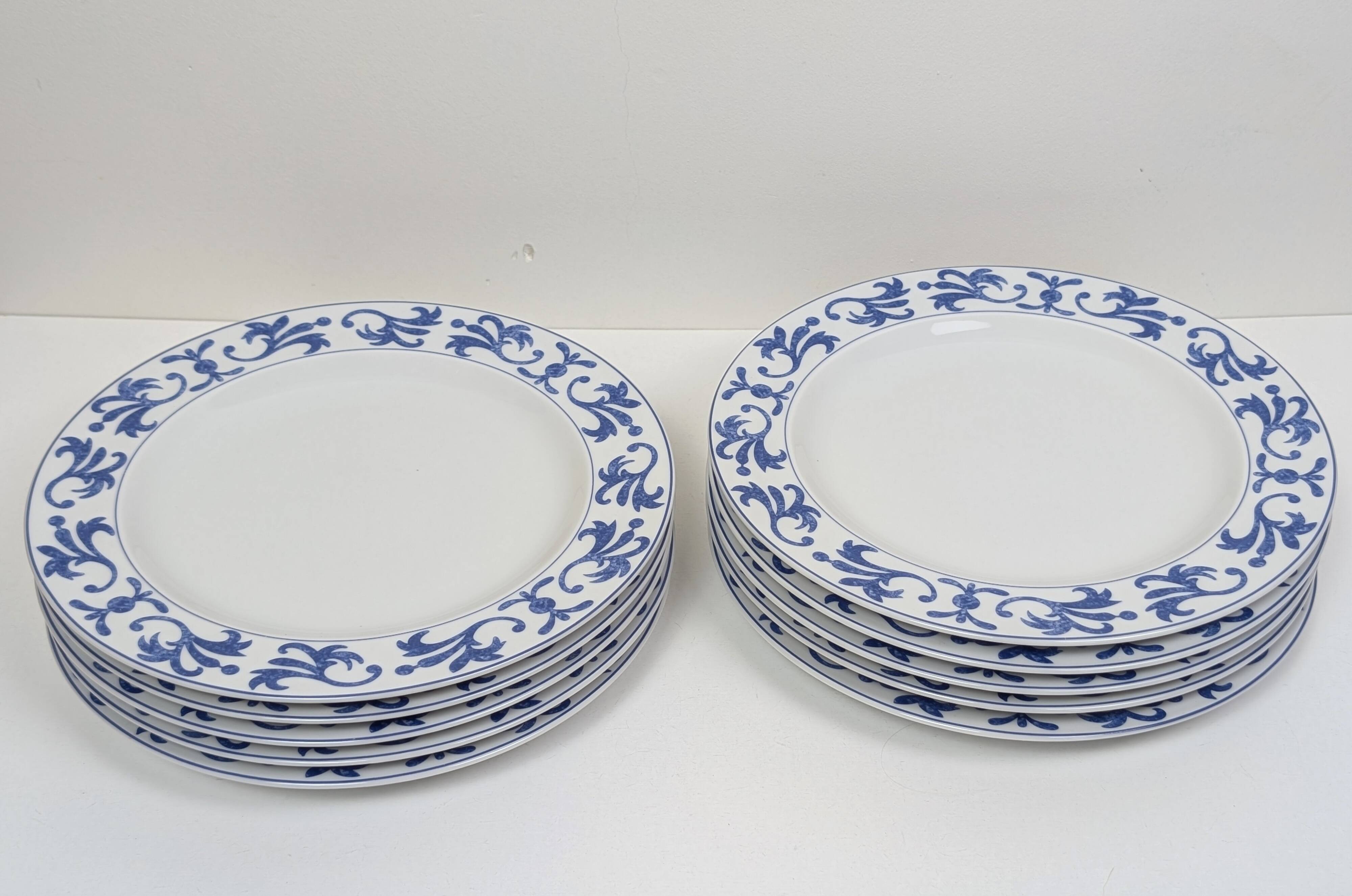 Set of 10 white and blue flat plates