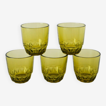 Set of 5 faceted green glass water glasses, 1970