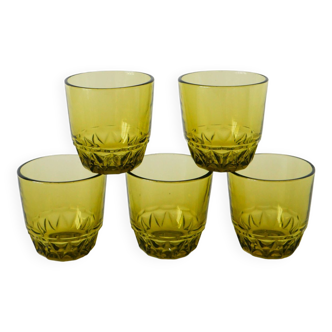 Set of 5 faceted green glass water glasses, 1970