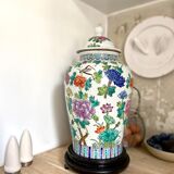Chinese enamelled earthenware jar with wooden base